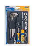 Набор торцевых головок 1/4"Dr. с трещоточной рукояткой Kraft (72 зубца) и шестигранными ключами 28 пр. (700321)